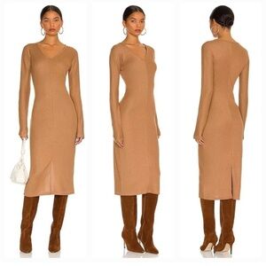 RAG & BONE The Bias Rib Long Sleeve Midi Dress Camel XL